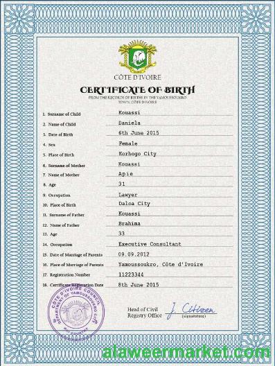 Côte d’Ivoire vital record birth certificate PSD template